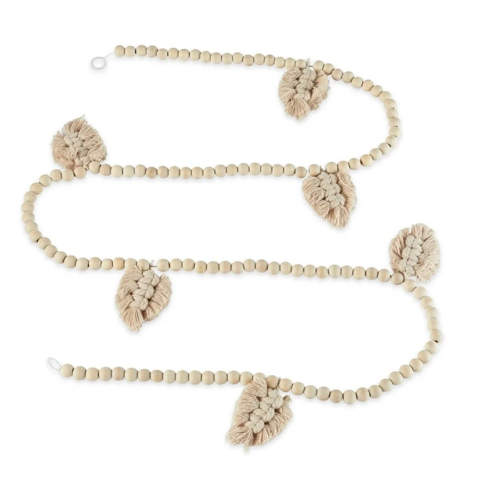 Holiday Time Wood Bead Garland with Natural Tassels, 6'